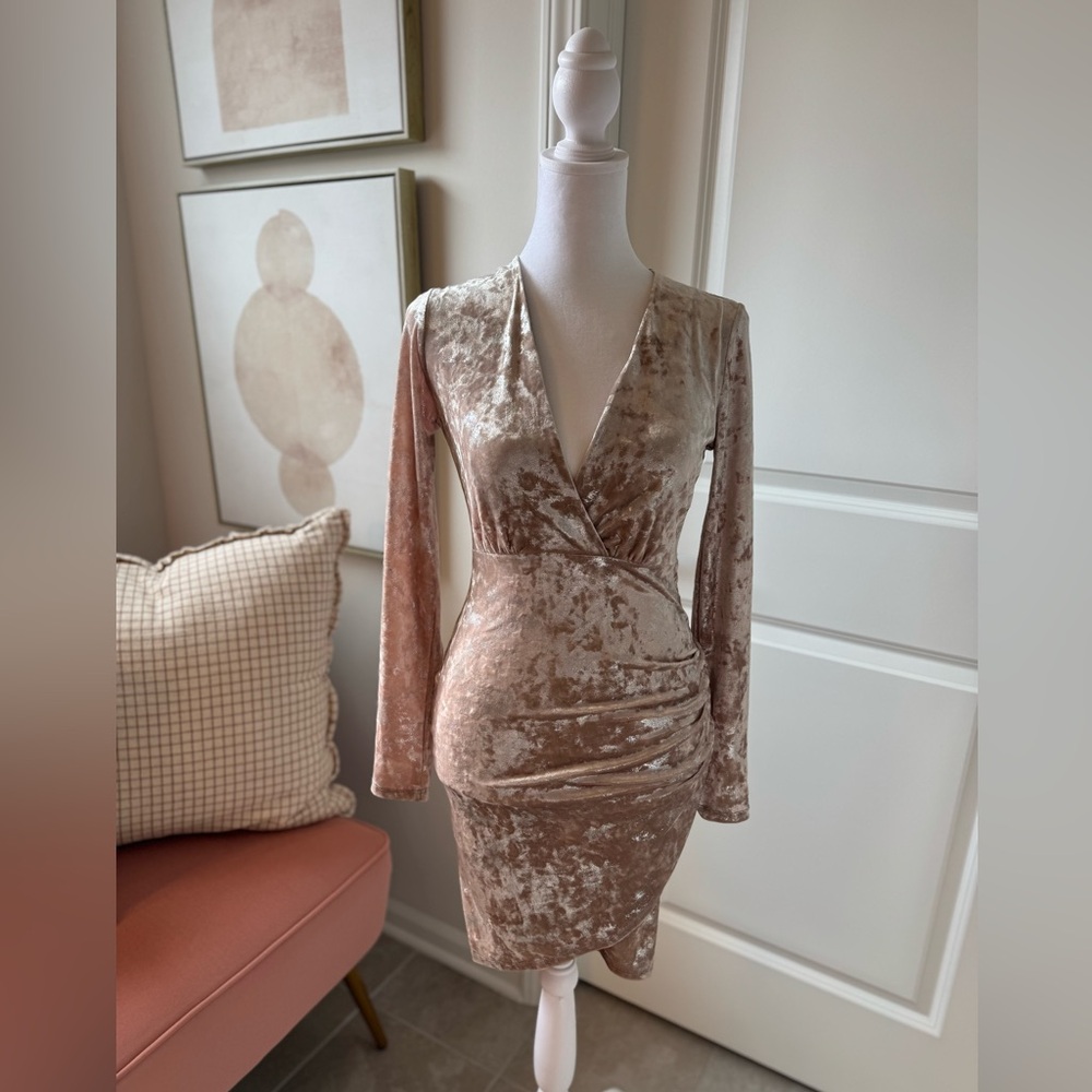 Lulus Tinseltown Silver & Beige Velvet Bodycon Dress – Size XS